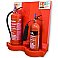 Red Double Fire Extinguisher Stand with Extinguishers and Signs