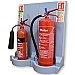 Grey Double Fire Extinguisher Stand with Extinguishers and Signs
